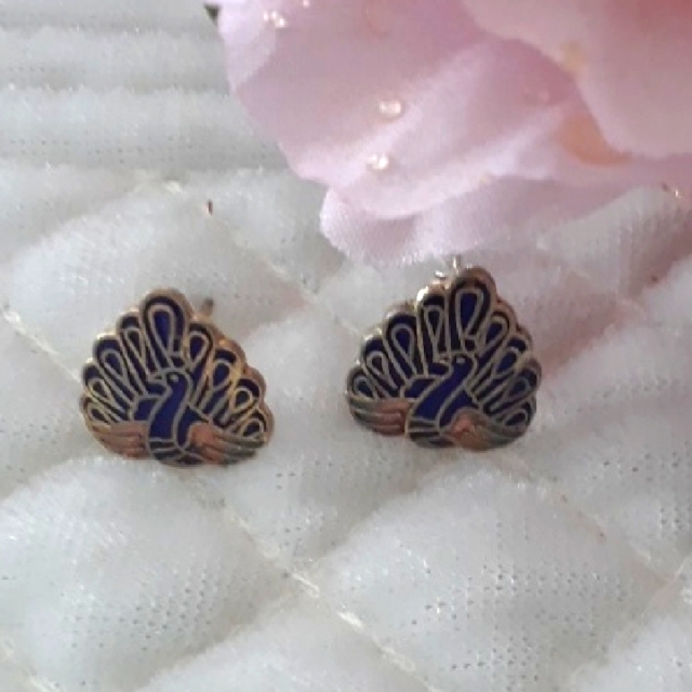 Elegant Cloisonne Gold and Blue Peacock Earrings